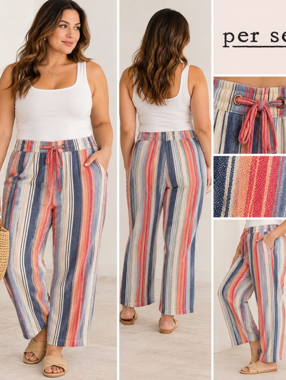 🌊 Per Se Striped Drawstring Pants Plus Size 1X